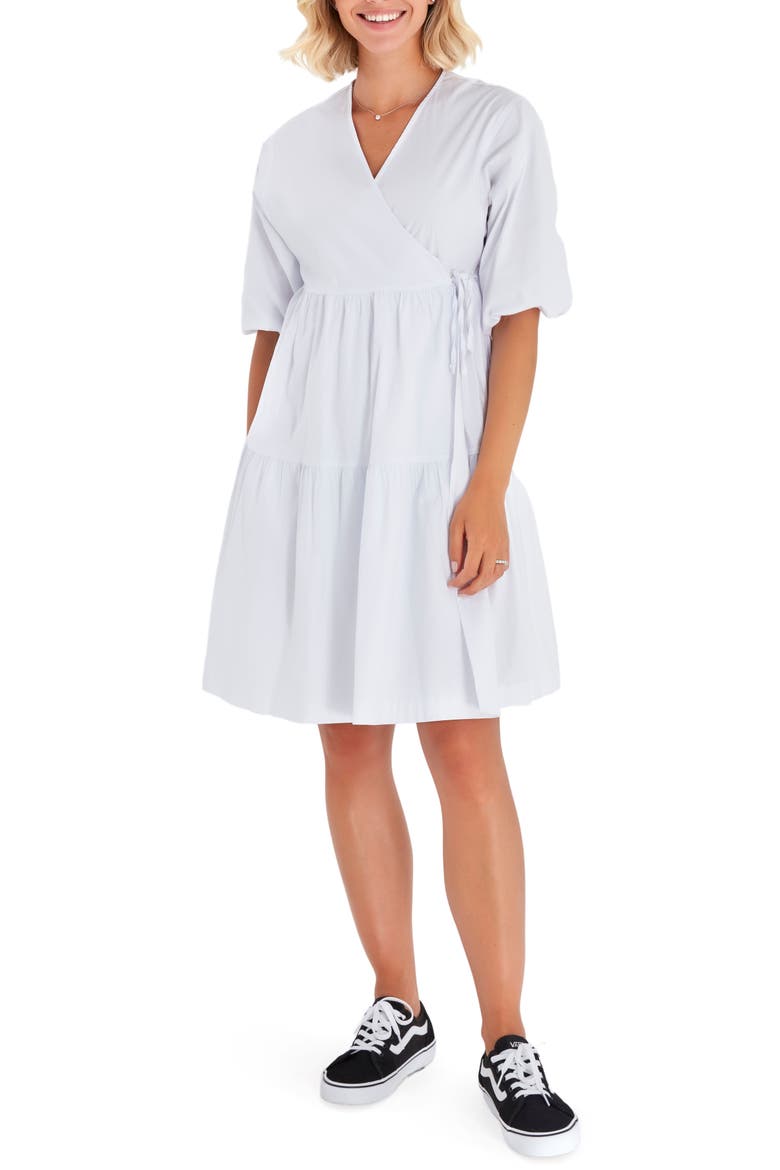 Waterfall Tie Waist A-Line Maternity/Nursing Wrap Dress, Main, color, WHITE