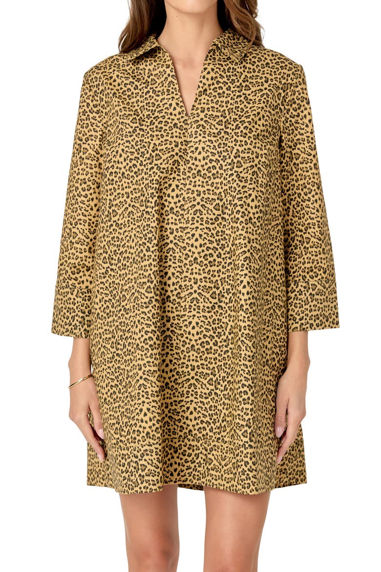 Leopard Collar Long Sleeve Shift Dress, Alternate, color, BROWN