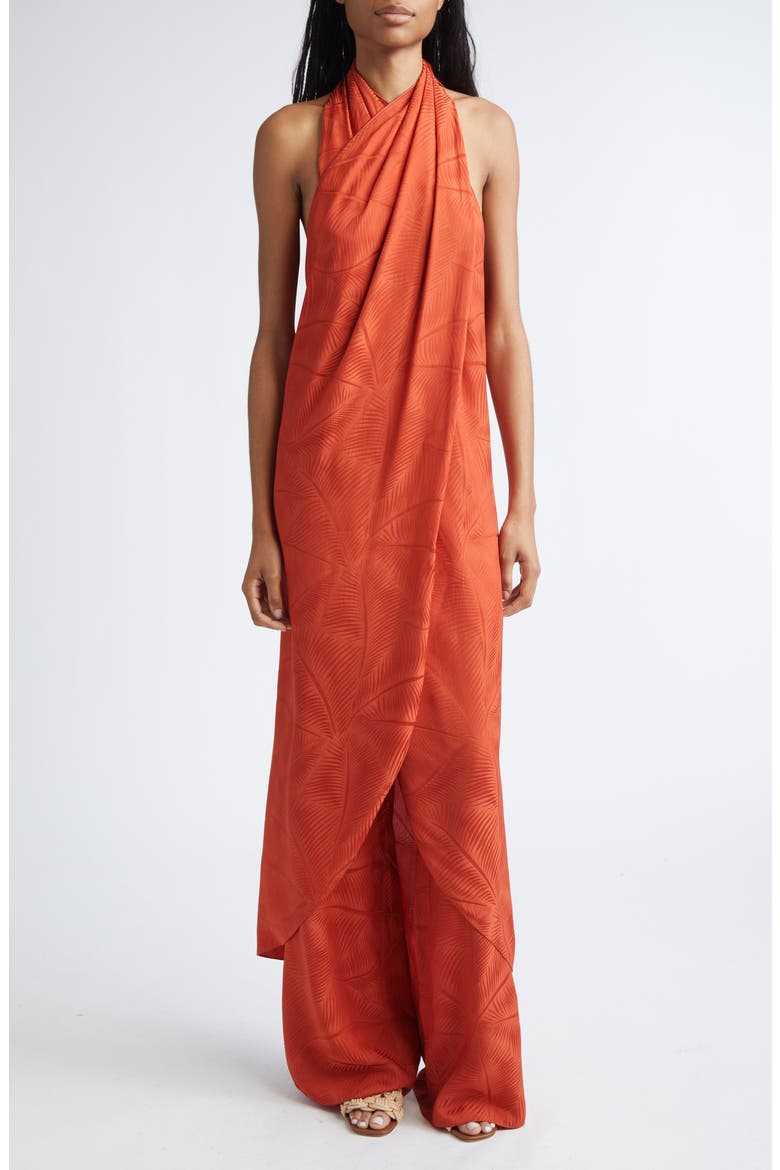 Laid Back Energy Palm Jacquard Wide Leg Satin Pants, Alternate, color, RUST