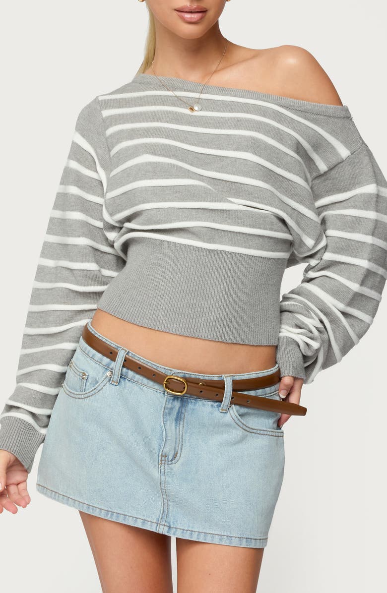 EDIKTED Mika Stripe Off the Shoulder Knit Crop Top, Main, color, 