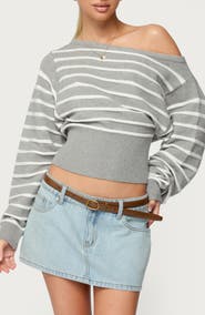 EDIKTED Mika Stripe Off the Shoulder Knit Crop Top