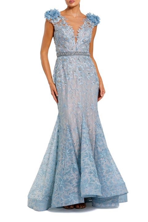 Embroidered Illusion Appliqued Bodice Trumpet Gown