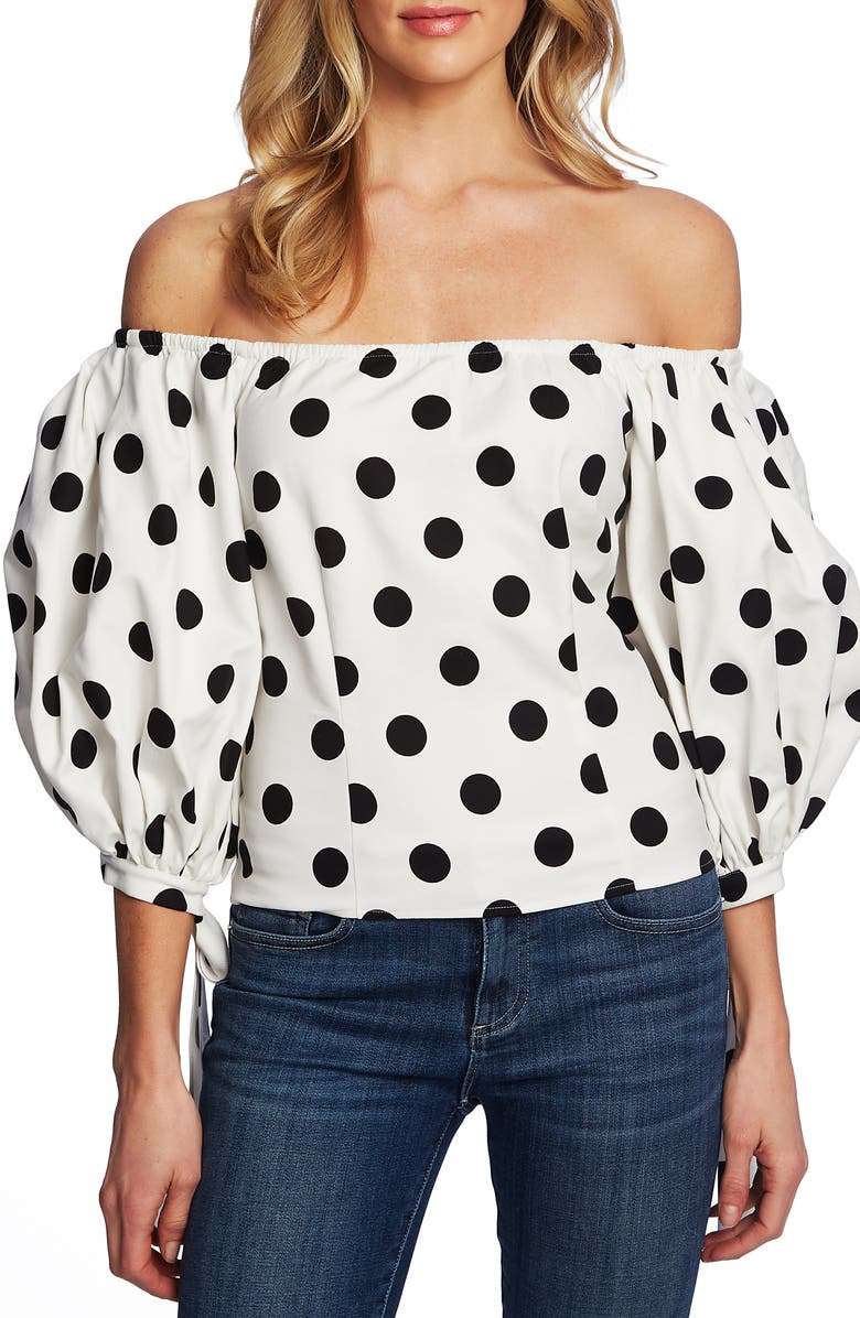 CeCe Dappled Dots Off the Shoulder Stretch Cotton Blouse, Main, color,