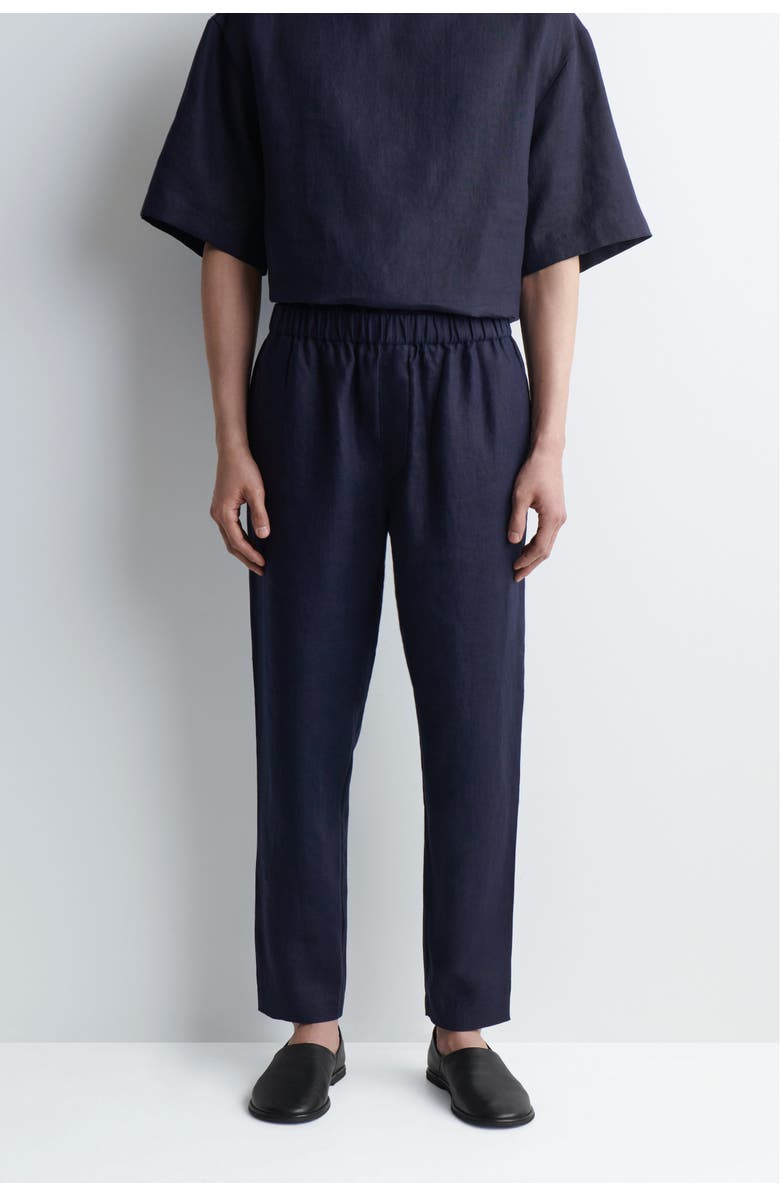 COS Elasticated Linen Regular-fit Tapered Trousers, Alternate, color, Navy