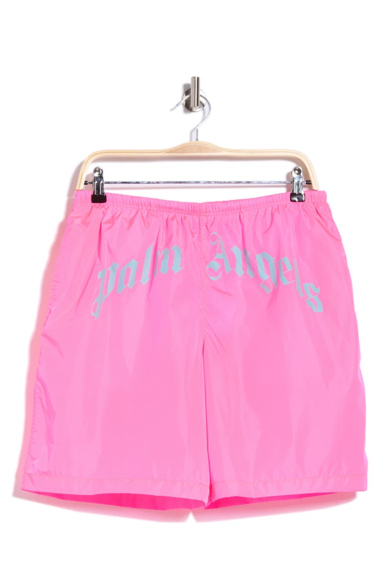 Curved Logo Swim Trunks, Alternate, color, FUSCHIA/LIGHT BLUE
