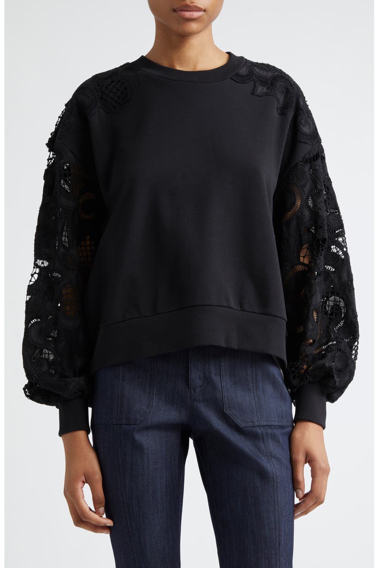 Lace Sleeve Cotton Sweatshirt, Main, color, BLACK
