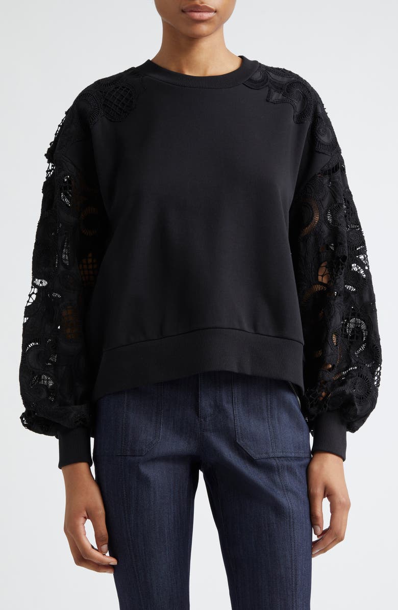 Cinq à Sept Lace Sleeve Cotton Sweatshirt, Main, color, 