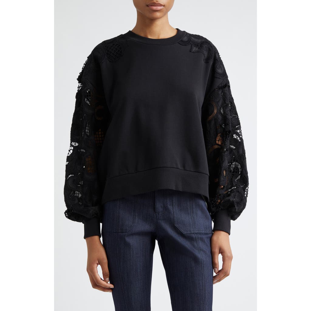Cinq À Sept Lace Sleeve Cotton Sweatshirt In Black