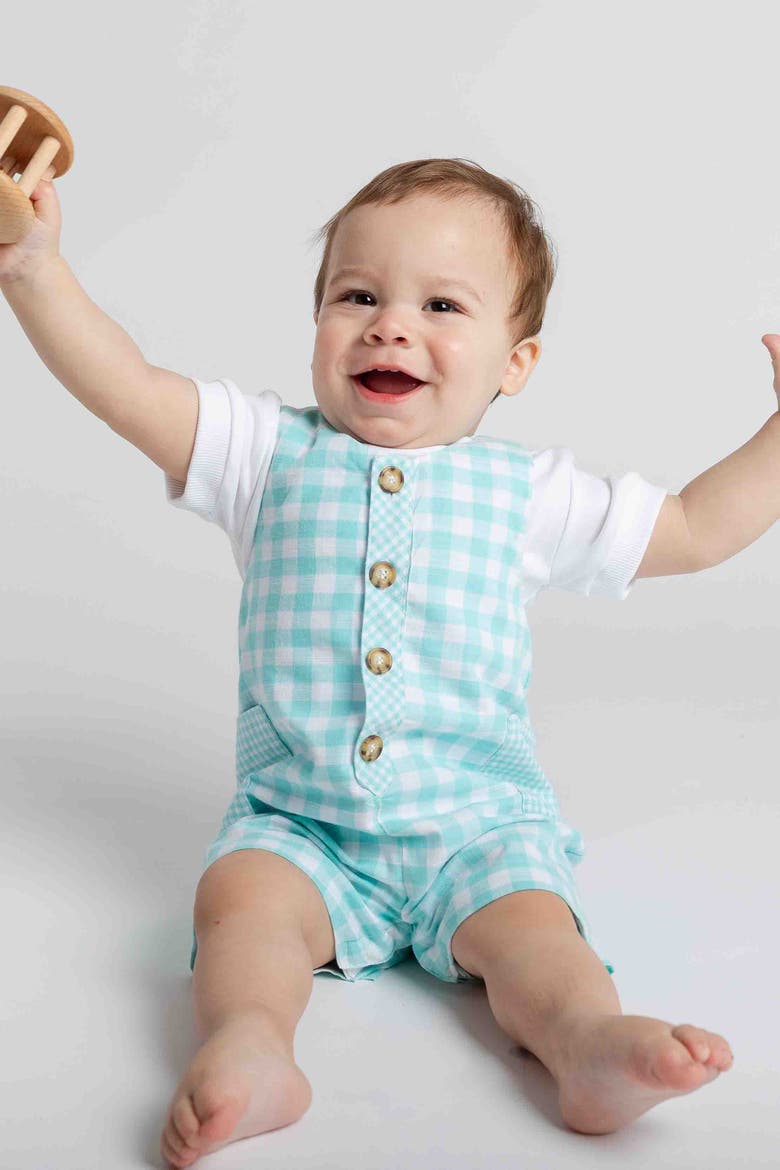 Gingham Linen-Look Shortall, Alternate, color, Jade/White