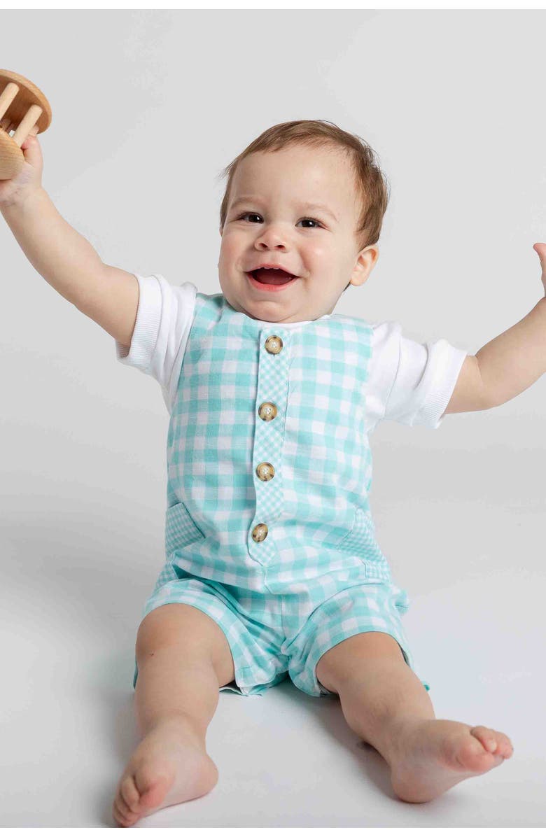 Florence Eiseman Gingham Linen-Look Shortall, Alternate, color, Jade/White