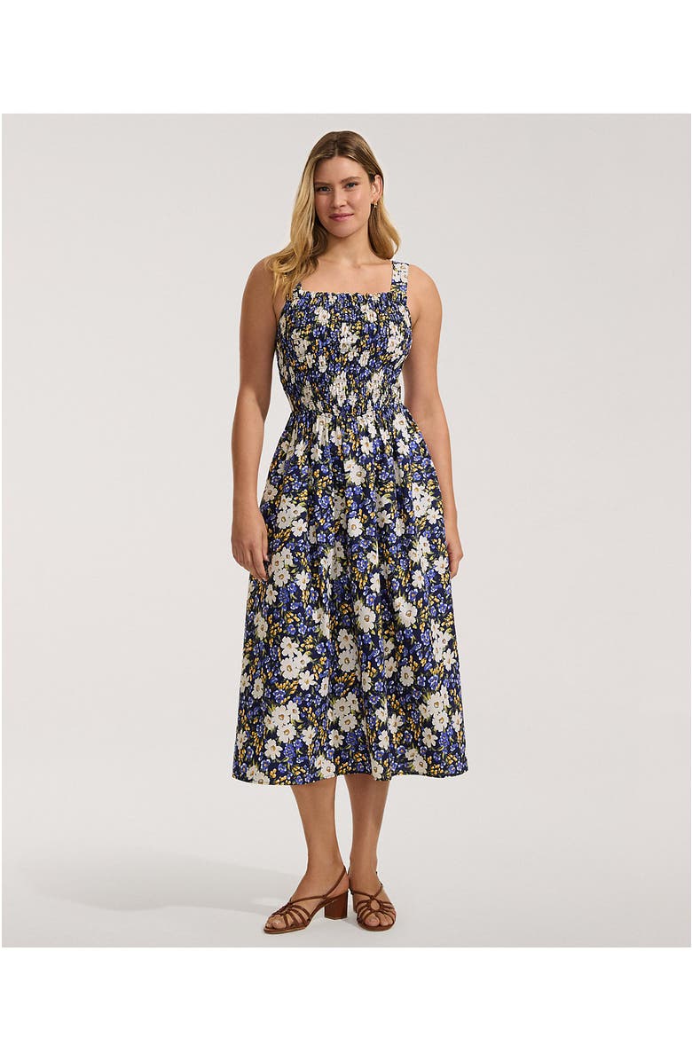 Lands' End Poplin Smocked Bodice Midi Dress, Alternate, color, Deep Sea Spring Floral