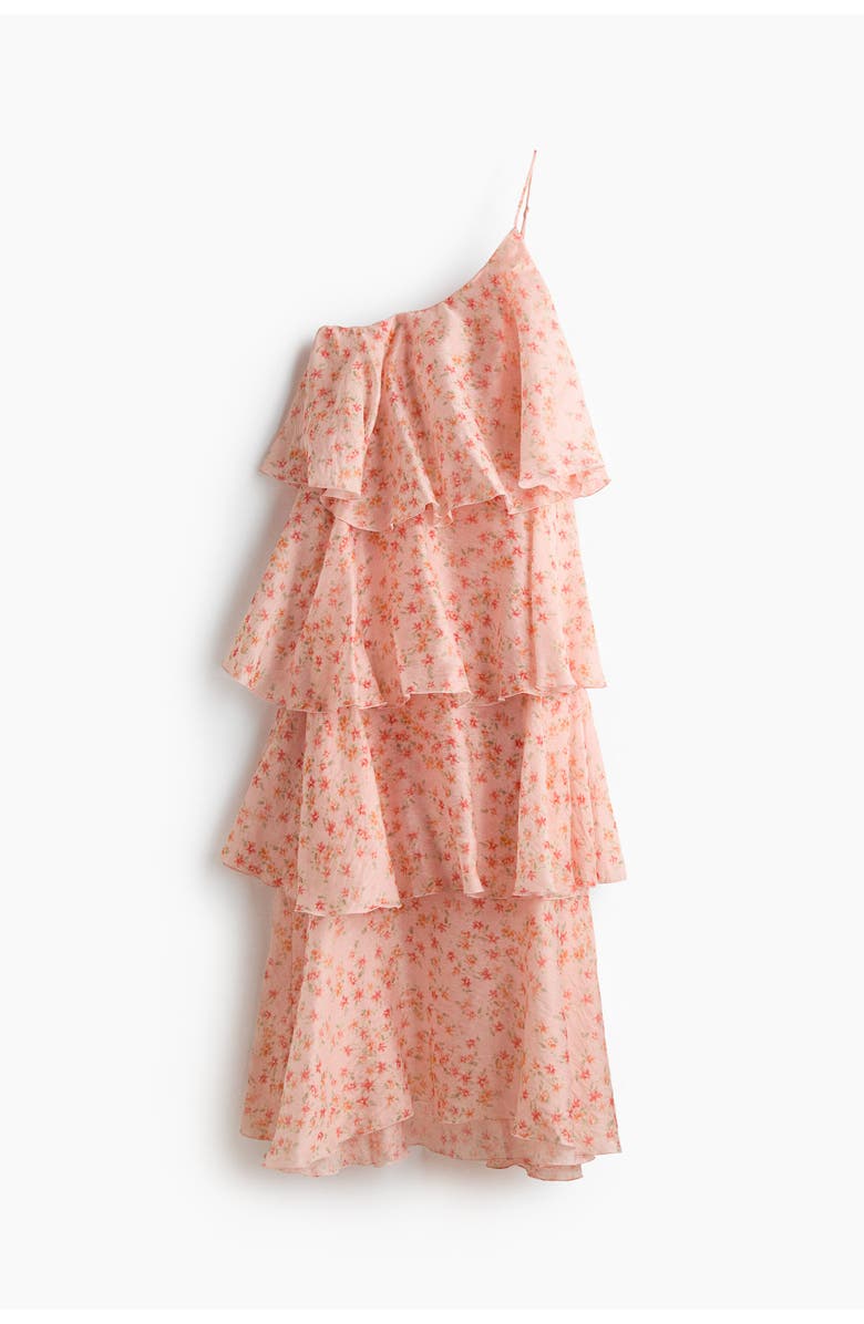 H&M Tiered One-shoulder Linen-blend Dress, Main, color, Light Pink/Floral