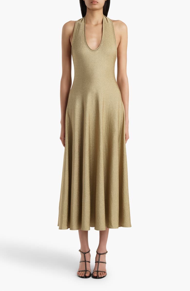 Khaite Melina Metallic Knit Halter Dress, Main, color, Gold