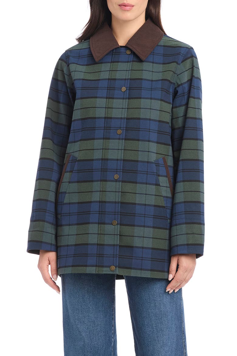 Plaid Water Resistant Rain Jacket, Main, color, GREEN TARTAN PLAID