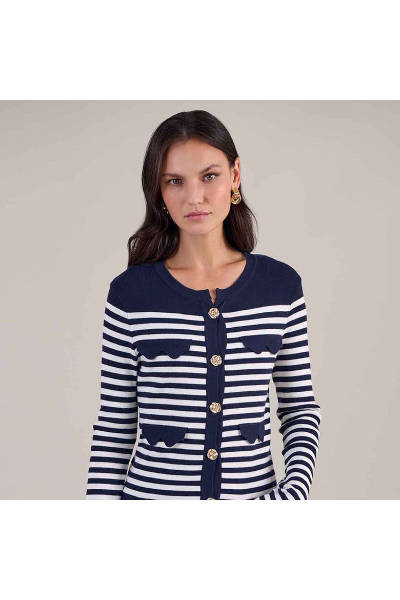 Women's  Cardigan Blue And White Striped Cardigan With Gold Flower Buttons, Alternate, color, Dark Navy