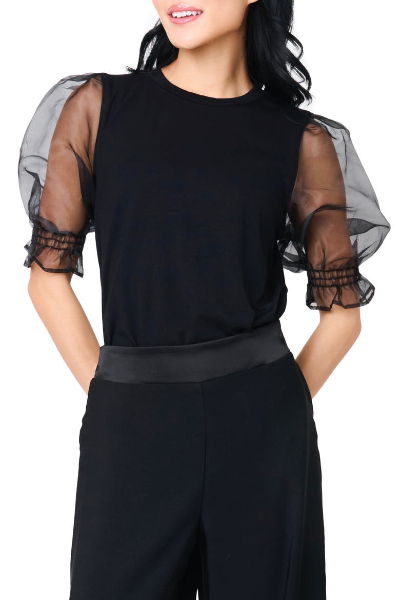 Mixed Media Organza Puff Sleeve Ponte Top, Main, color, BLACK