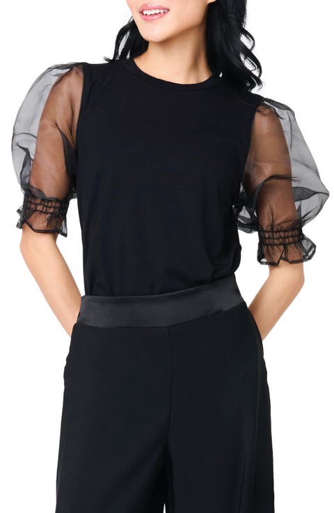 Mixed Media Organza Puff Sleeve Ponte Top