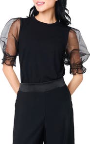 GIBSONLOOK Mixed Media Organza Puff Sleeve Ponte Top