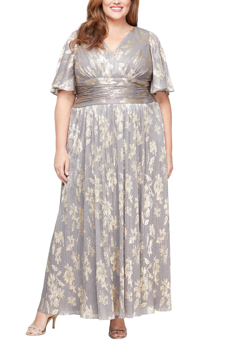 SL FASHIONS Foil Print Faux Wrap Maxi Dress, Main, color, 