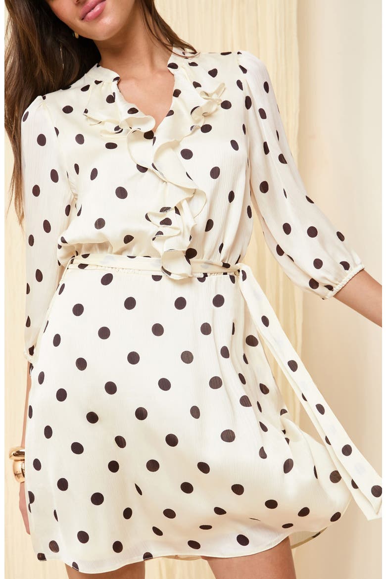 Polka Dot Ruffle Tie Belt Minidress, Alternate, color, WHITE