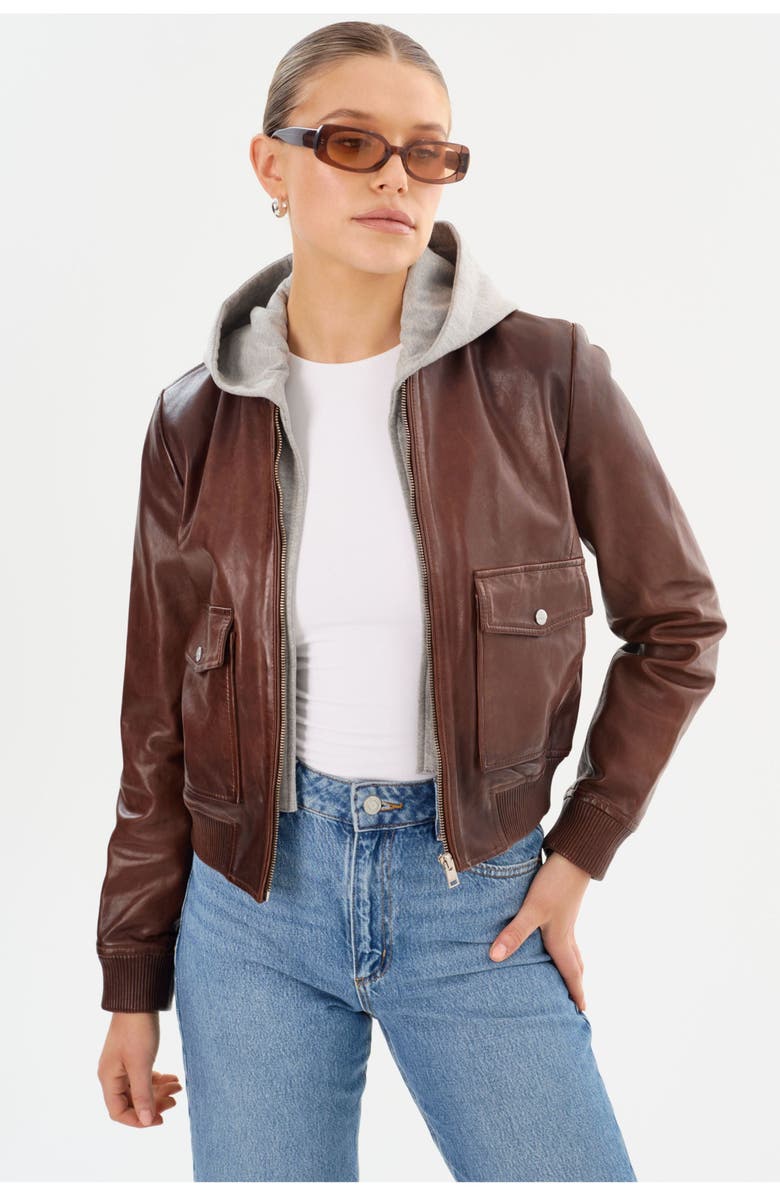 LAMARQUE CANDACE | Leather Bomber Jacket, Main, color, Chocolate Brown/Heather Grey