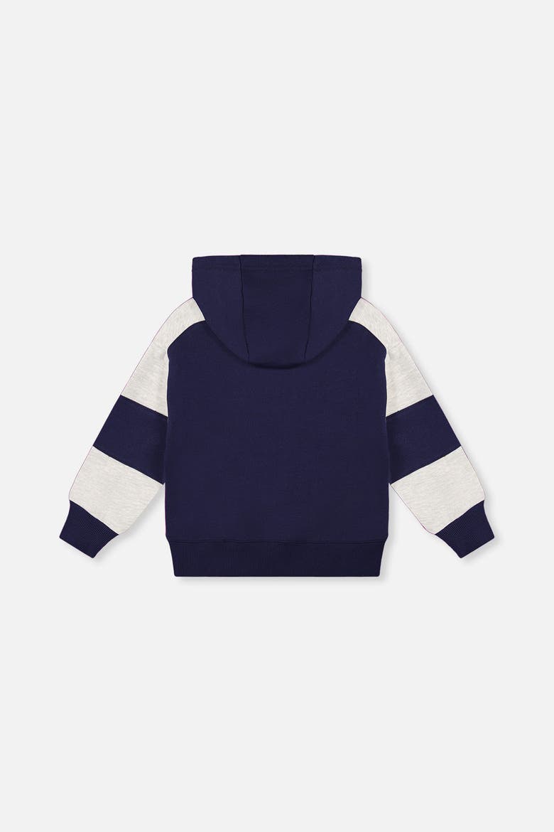 Hooded Striped Sleeve Ribbed Cuff Fleece Cardigan, Alternate, color, Dark Blue and Beige