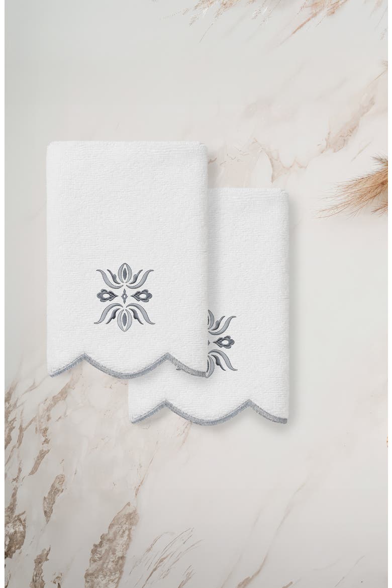 Flower Crest Embroidered Scallop 2-Piece Towel Set, Alternate, color, WHITE/ GRAY