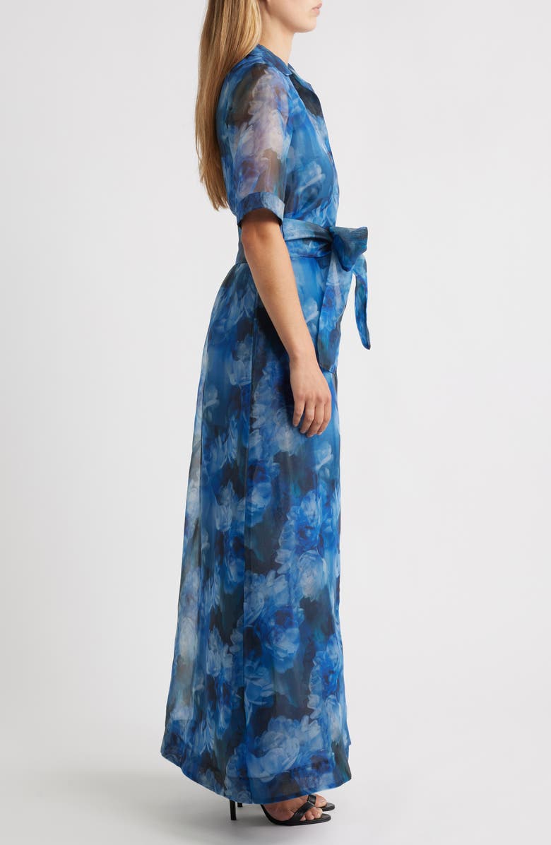 Julia Jordan Tie Belt Organza Maxi Cocktail Shirtdress, Alternate, color, Blue Multi