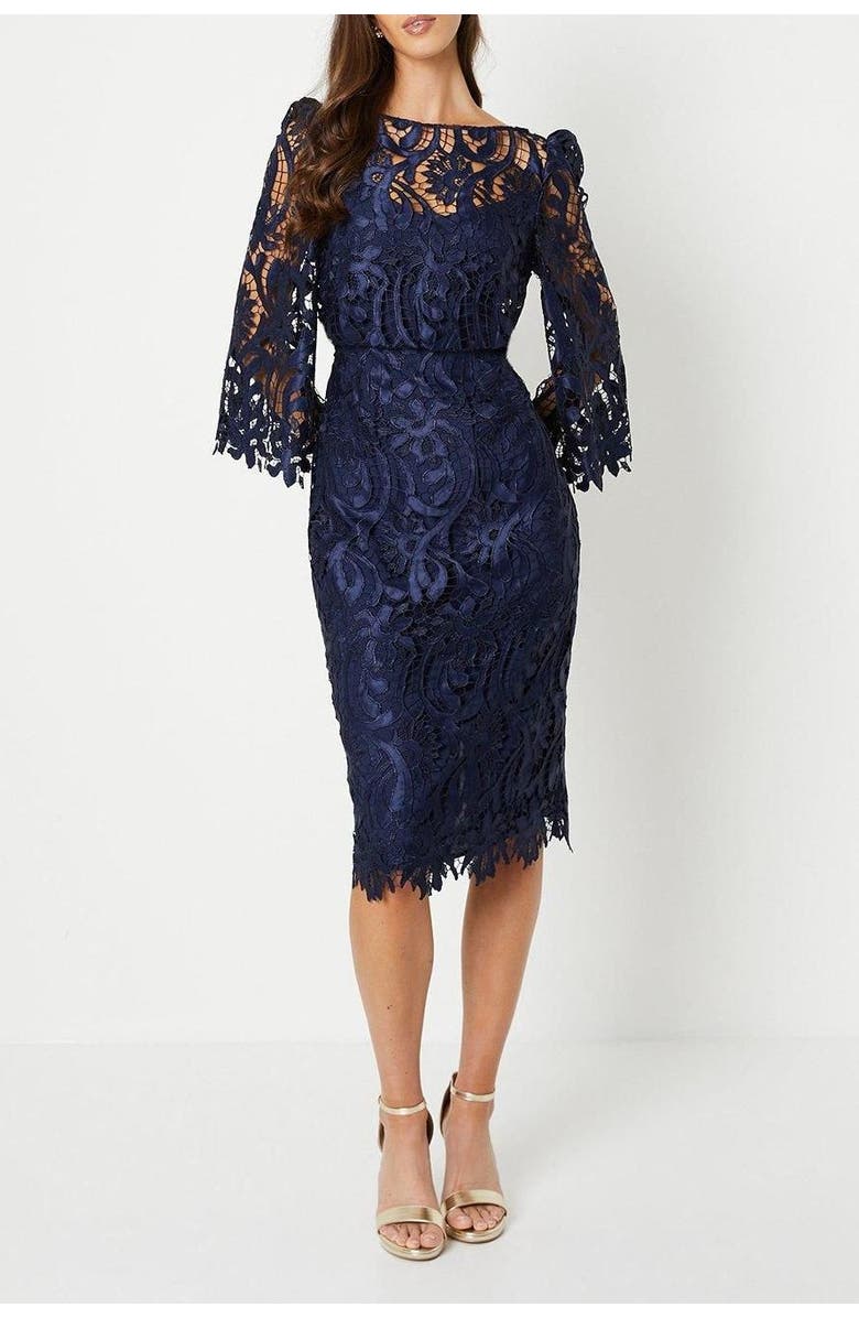 Coast Satin Lace Boat Neck Midi Dress, Alternate, color, Navy