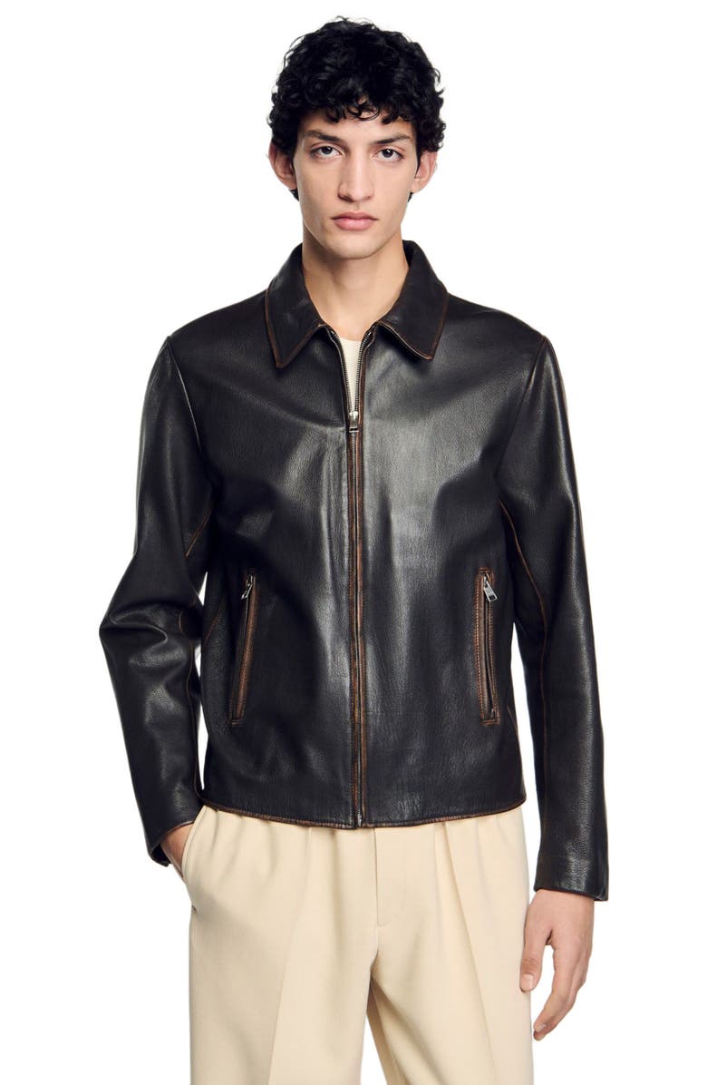 SANDRO Distressed-look leather jacket, Alternate, color, Moka.