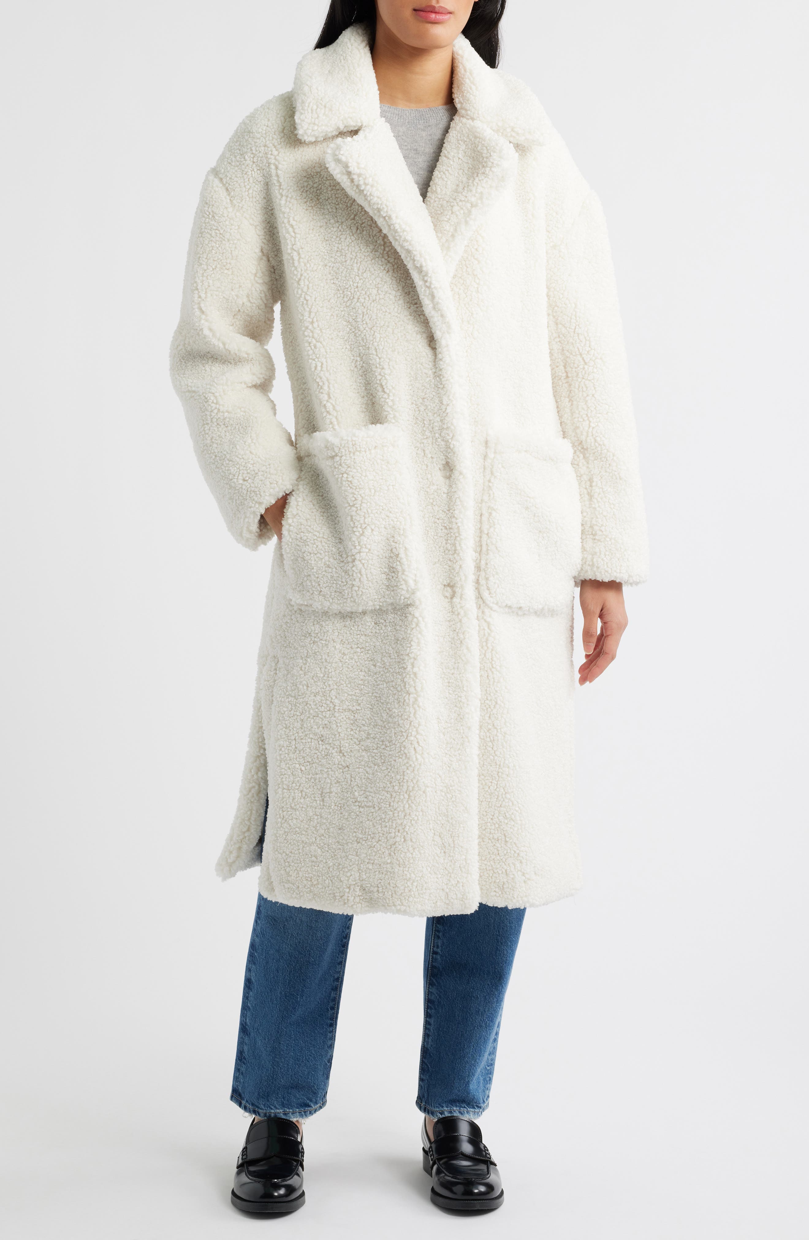 BCBGMAXAZRIA Notch Collar Faux Shearling Long Coat