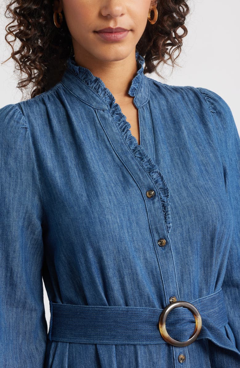 Caslon<sup>®</sup> Belted Ruffle Long Sleeve Denim Shirtdress, Alternate, color, Dark Wash