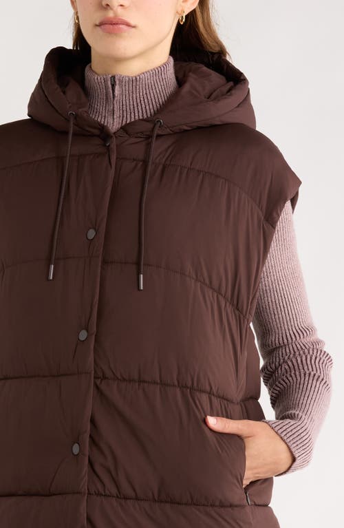 Zella Longline Hooded Puffer Vest In Brown