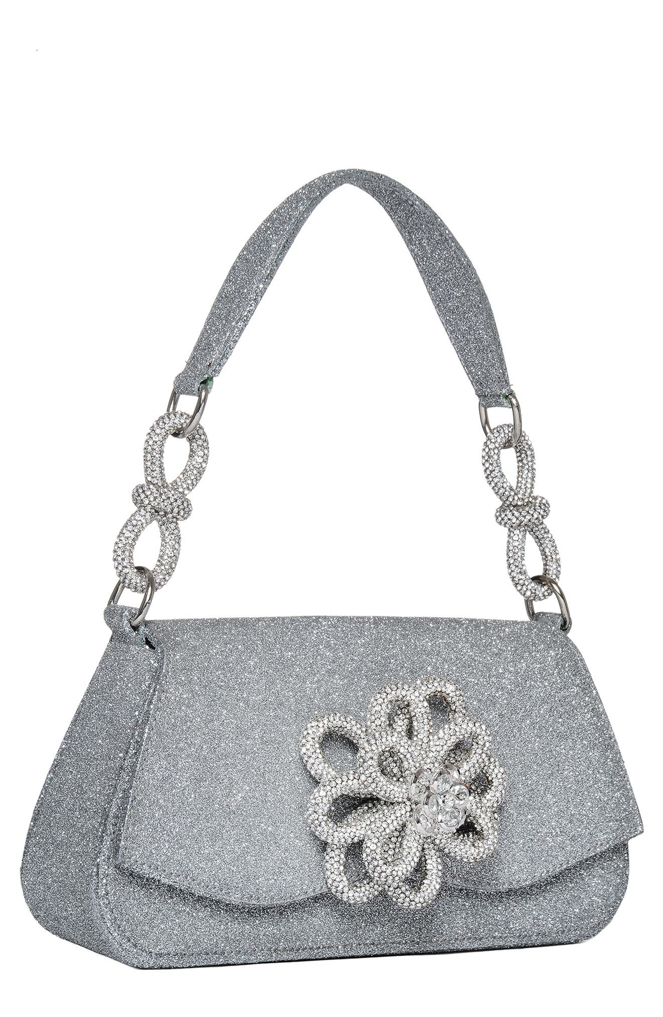 Mach & Mach Medium Carrie Crystal Flower Glitter Shoulder Bag, Alternate, color, 