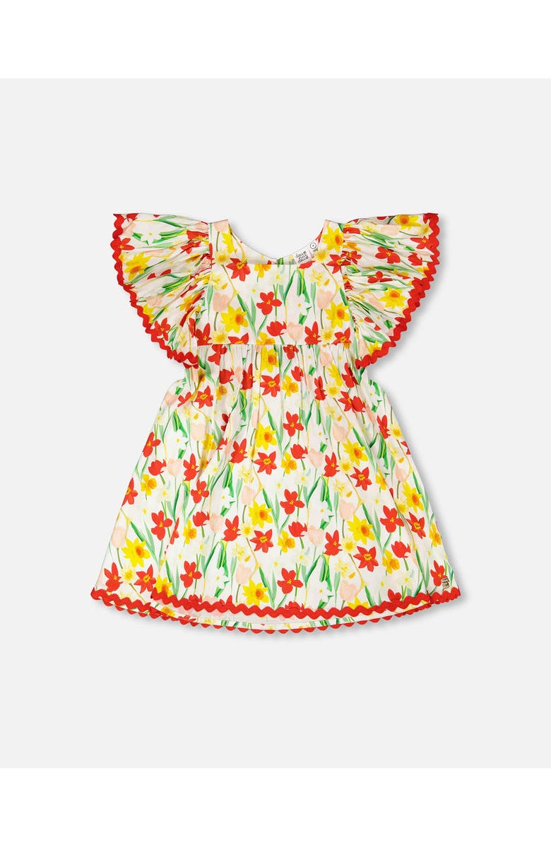 Deux par Deux Short Sleeve Viscose Daffodil Dress, Main, color, White Printed Daffodils