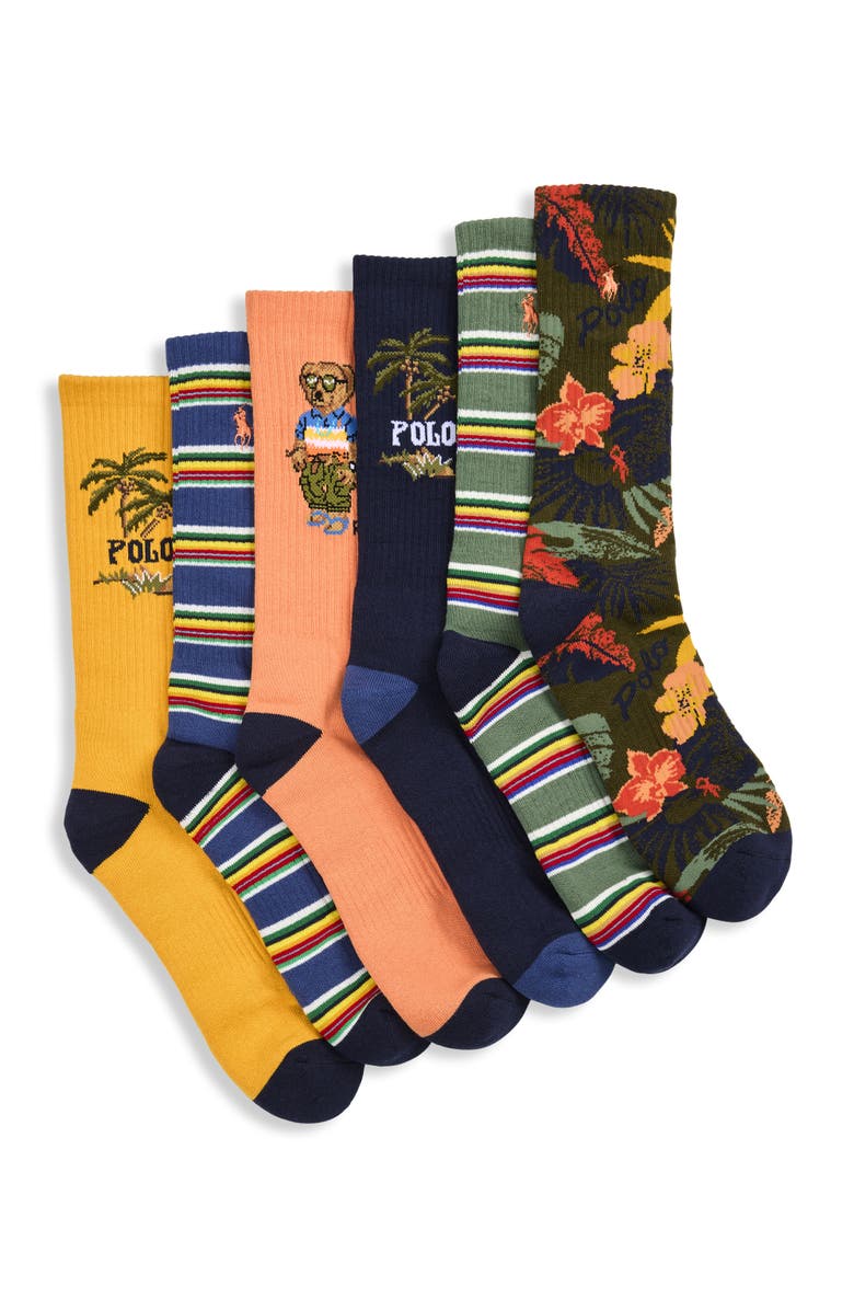 Polo Ralph Lauren Big & Tall 6-pk Surf Club Bear Crew Socks, Main, color, Multi