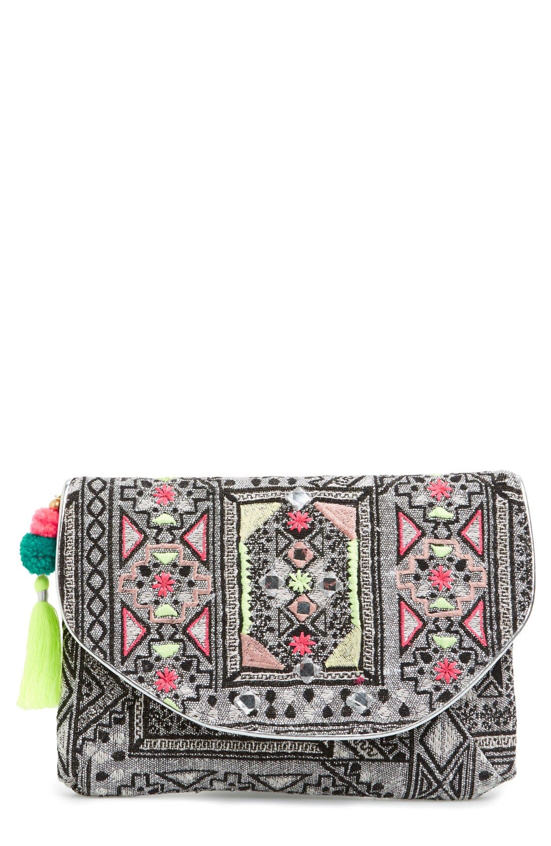 Metallic Embroidered Clutch with Tassel, Main, color, MULTI