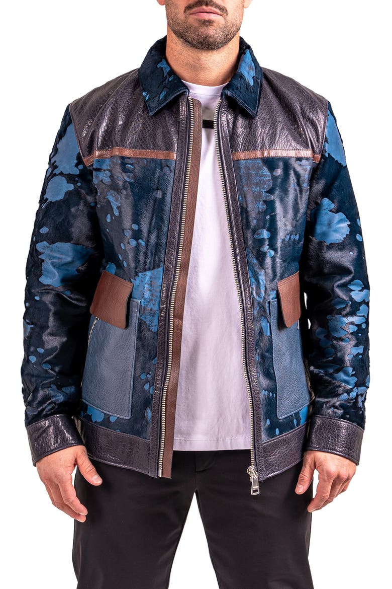 Resistance1018 Colorblock Genuine Calf Hair & Leather Jacket, Main, color, BLACK