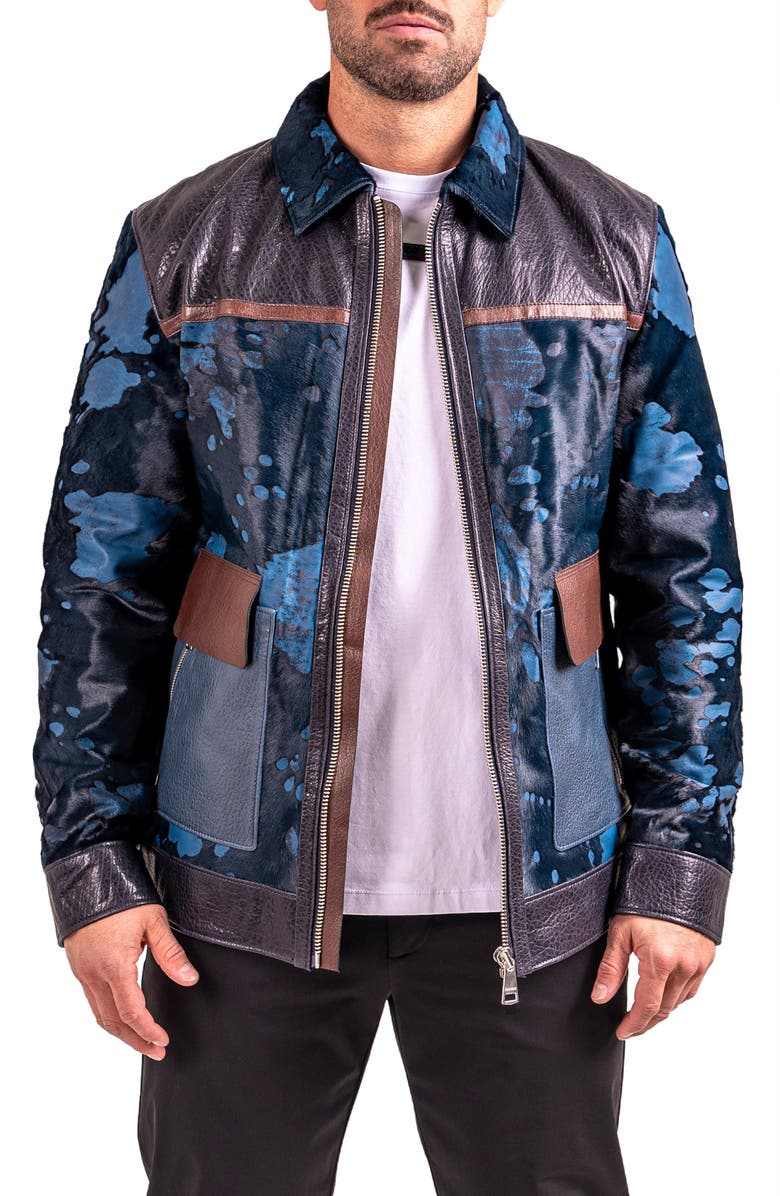 Maceoo Resistance1018 Colorblock Genuine Calf Hair & Leather Jacket, Main, color, Black