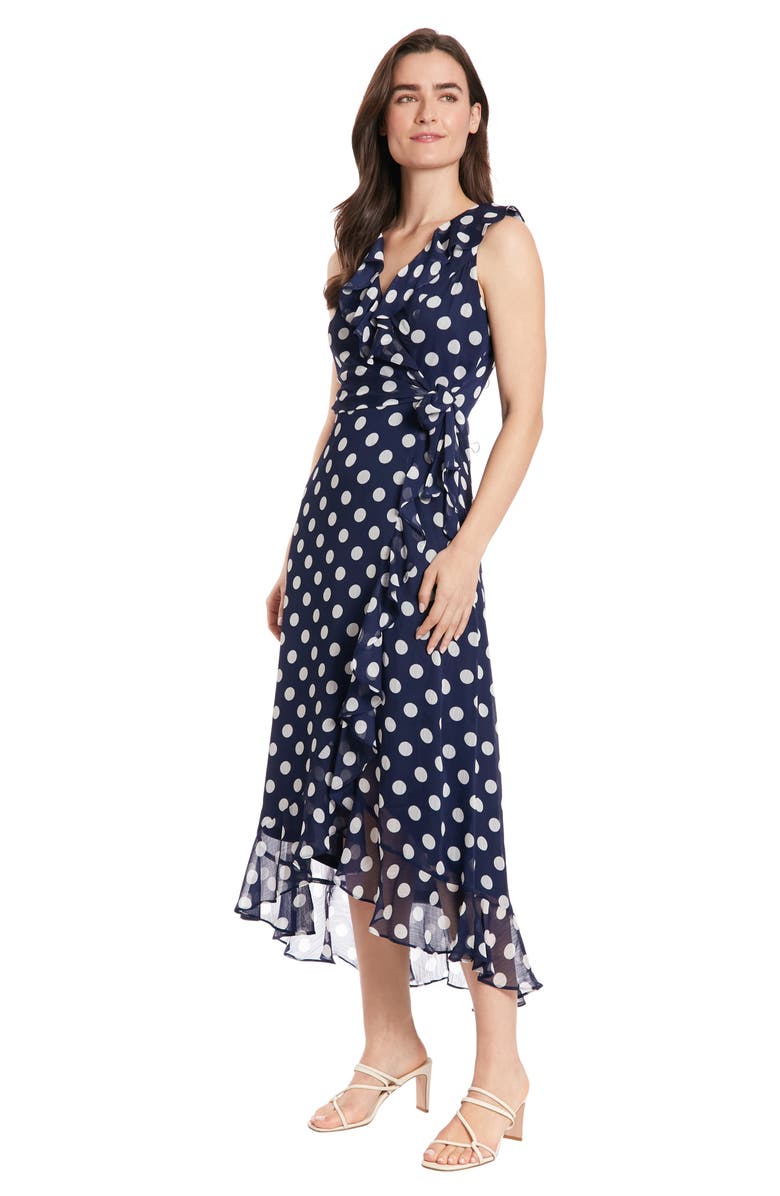 London Times Polka Dot Sleeveless Faux Wrap Chiffon Dress, Alternate, color, 