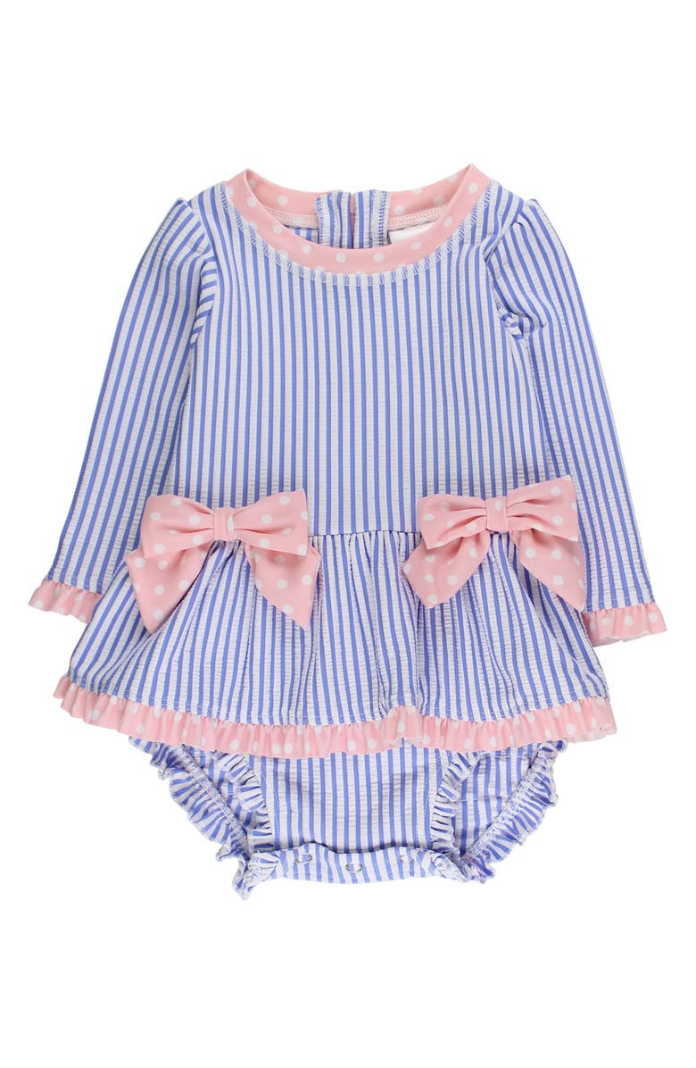 RuffleButts UPF50+ Seersucker Long Sleeve One Piece Bow Peplum Rash Guard Swimsuit, Main, color, Periwinkle Blue Seersucker
