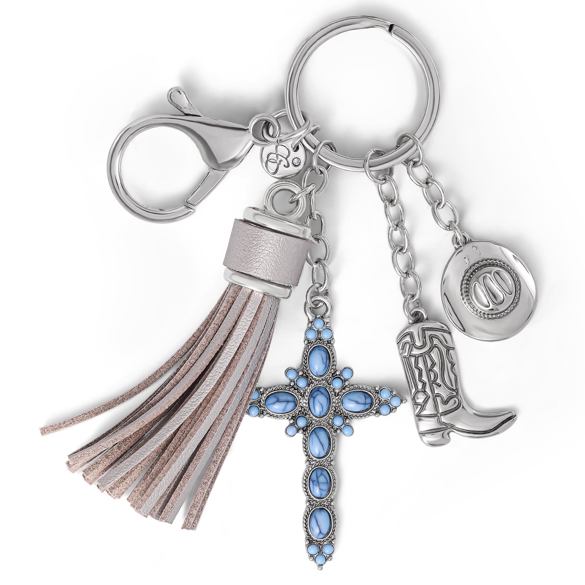 Jessica Simpson Western Cross & Tassel Charm Keychain, Main, color, Silver/Turquoise