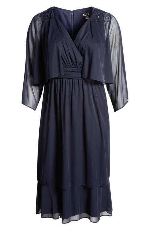 Sl Fashions Tiered Hem Chiffon Midi Dress With Jacket In Navy