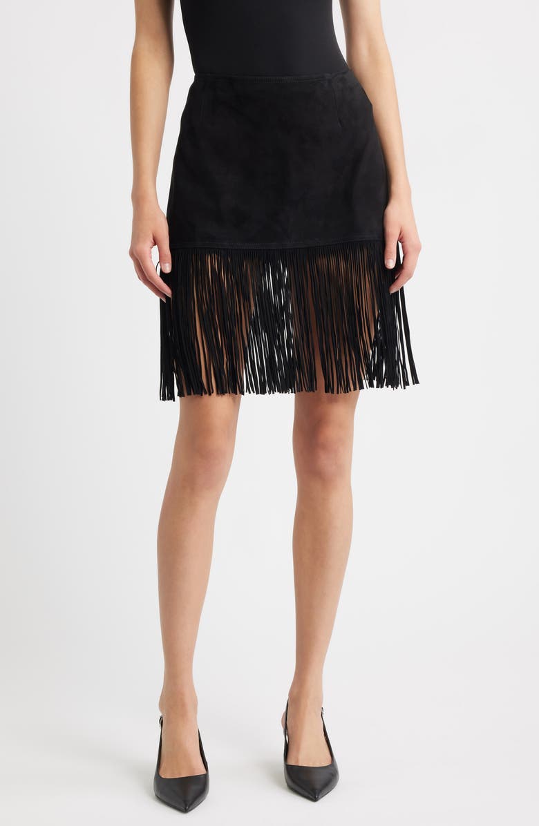FRAME The Saddle Fringe Trim Suede Skirt, Main, color, Black