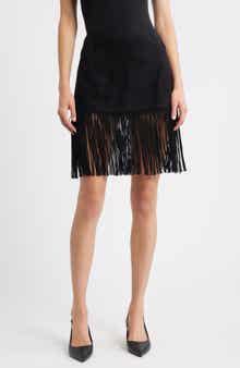 FRAME The Saddle Fringe Trim Suede Skirt