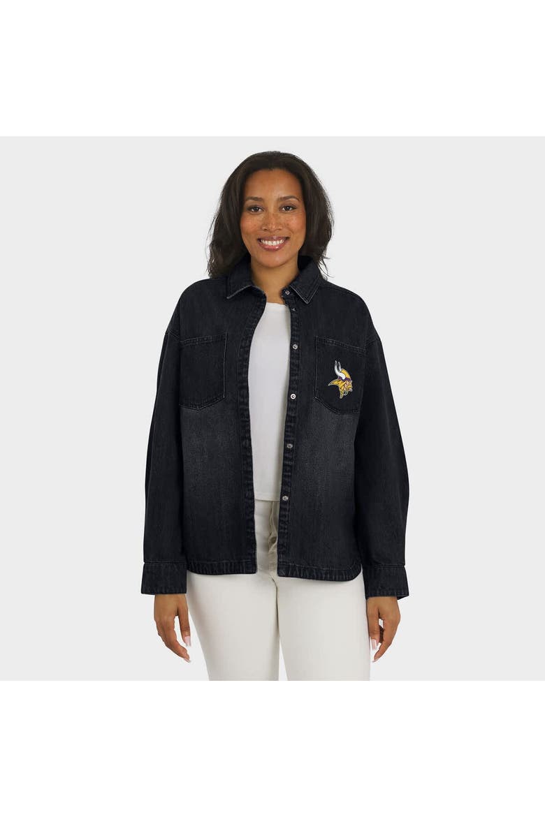 Women's WEAR by Erin Andrews Black Minnesota Vikings Washed Oversized Denim Full-Snap Shacket, Alternate, color, Black