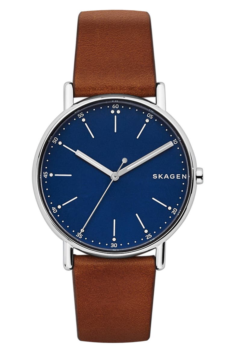 Signatur Round Leather Strap Watch, 40mm, Main, color, BROWN/ BLUE/ SILVER