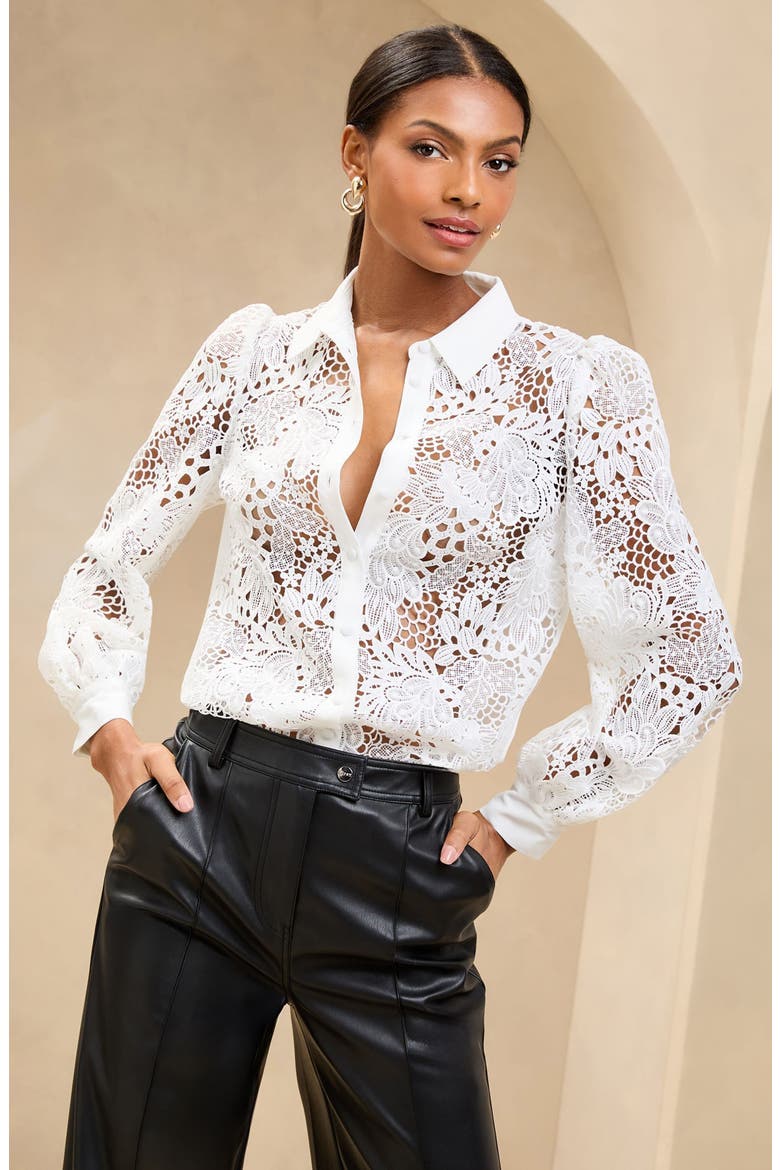 Lace Button-Up Shirt, Alternate, color, WHITE