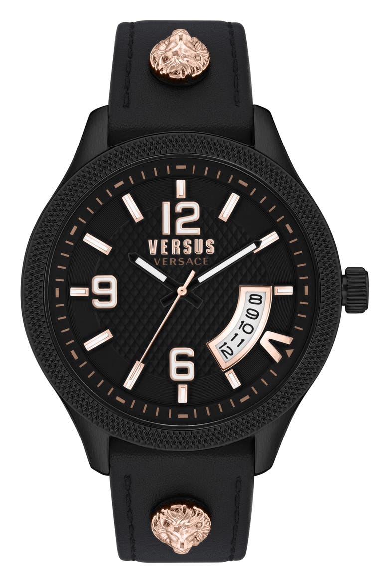 Reale Leather Strap Watch, 44mm, Main, color, IP BLACK