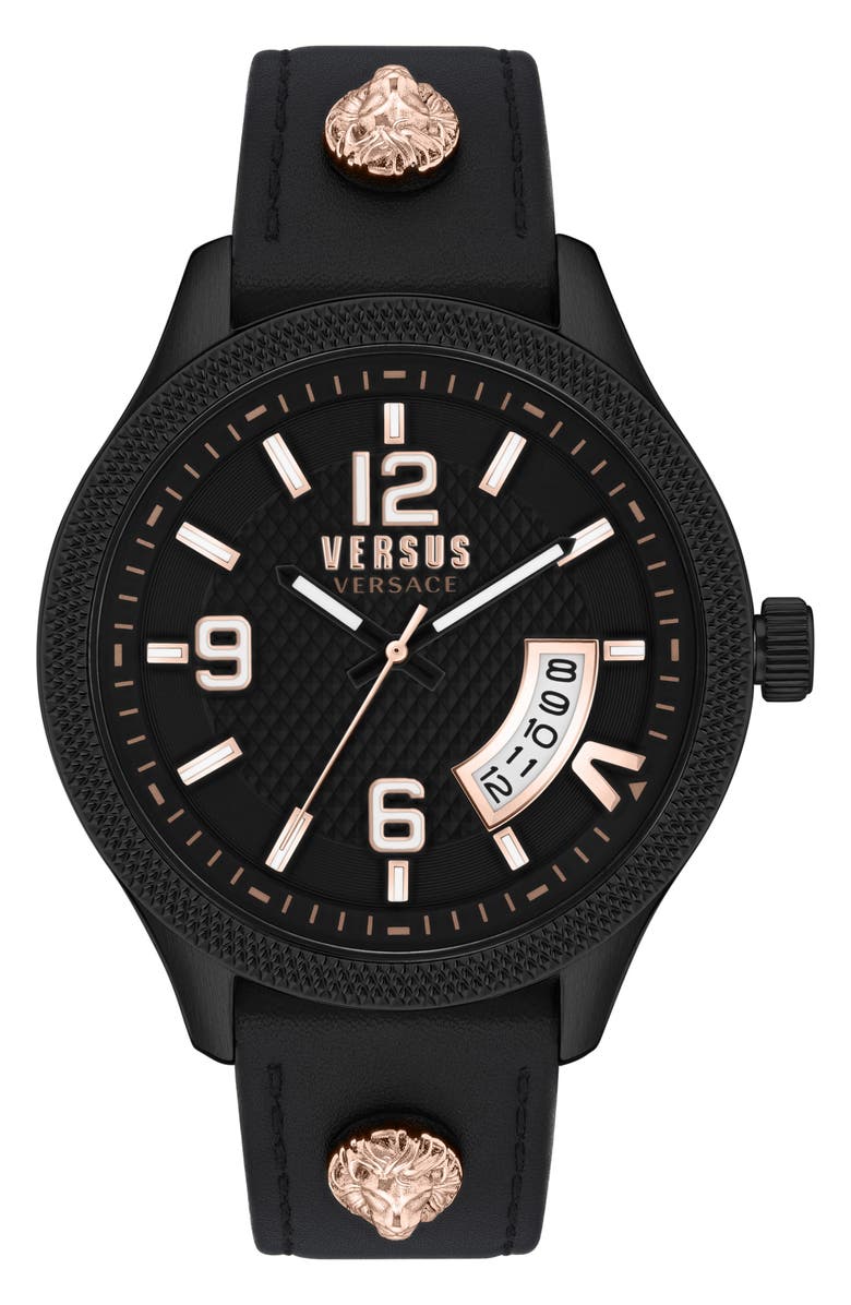 VERSUS Versace Reale Leather Strap Watch, 44mm, Main, color, Ip Black